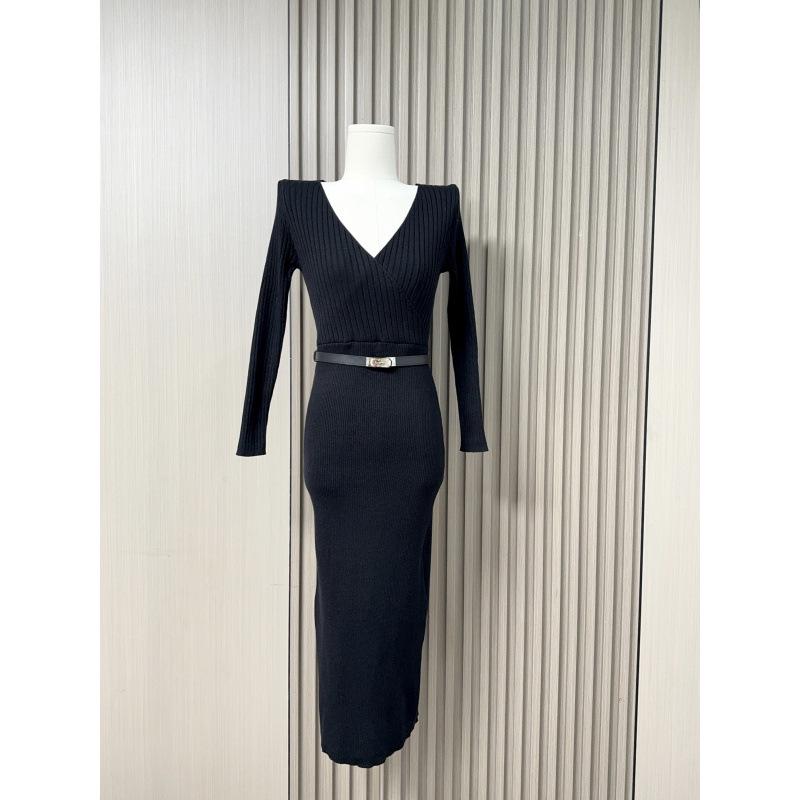 Elegant V-Neck Knit Dress with Slimming Waist Hip-Hugging Skirt One Size черный с цветом пояса