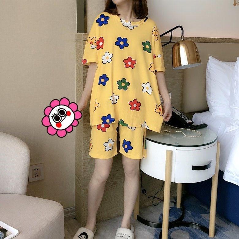 

Женский летний пижамный комплект с коротким рукавом: Тонкие, Повседневные, Свободного кроя, Брюки 7/8 - Идеальны для домашней носки XX-Large