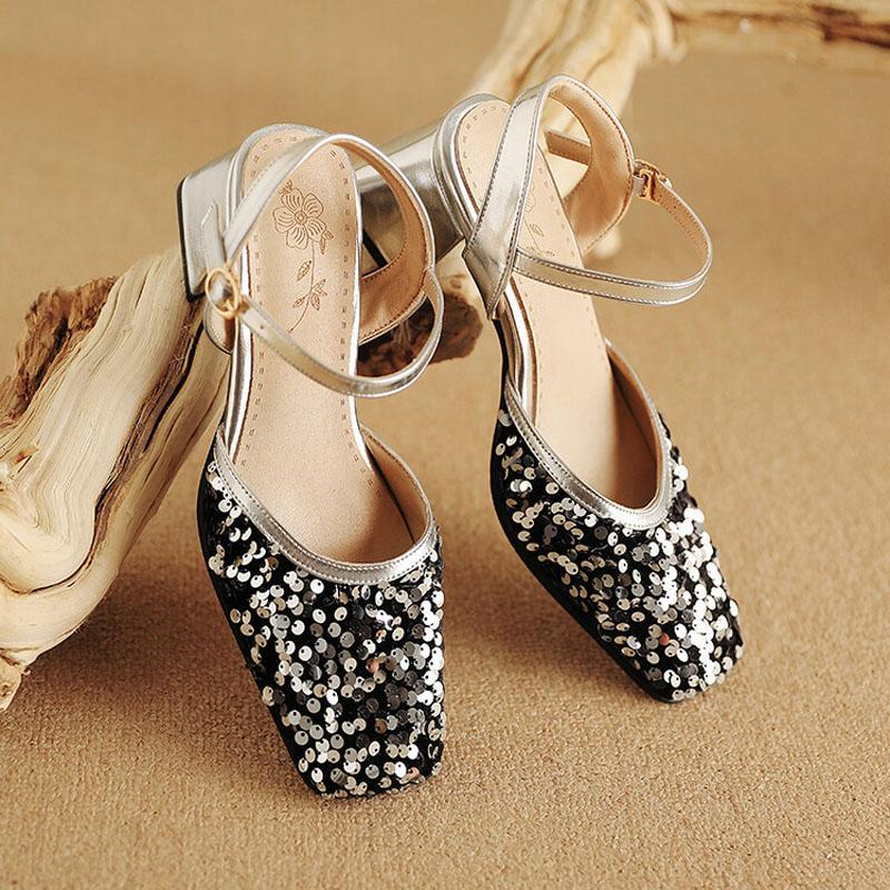 Square Toe Summer Party Shoes Women Sequin Closed Toe Thick Heels Women Sandals Glitter Dress Shoes for Woman Sandalias WSH5324