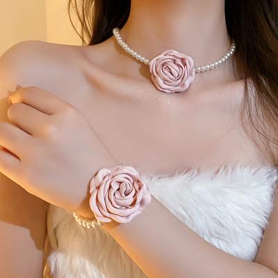 Set de Joyería Collar Pulsera Flor Rosa Romántica Rosa Elegante Cadena de Perlas de Imitación Gargantillas Brazaletes Para Fiesta Boda