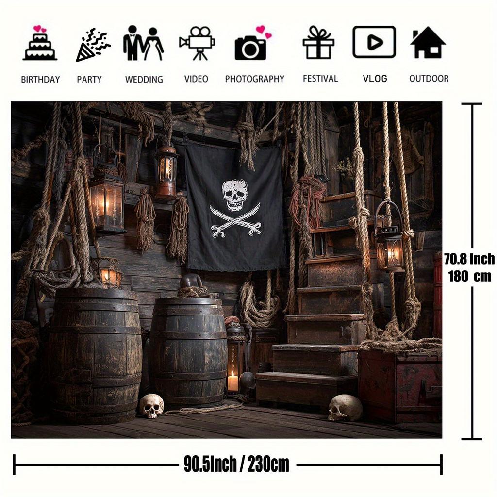 1 Piece, Pirate Ship Background Cloth with Skull and Cross Bone Flags, Wooden Barrels, and Rope Details