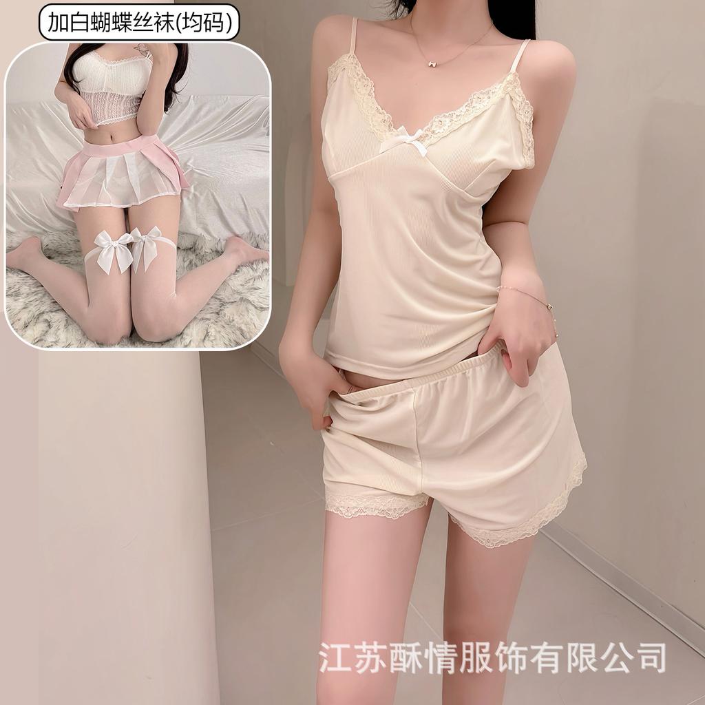 Crispy pajamas women's spring and summer girls' pure desire suspender shorts lace flower sexy pink loungewear set