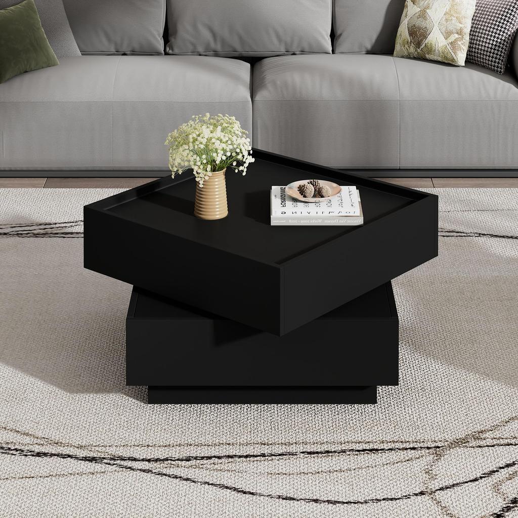 Couchtisch quadratische Drehbarer Moderner 2 Schubladen, kreativer Sofatisch Kaffeetisch, Beistelltisch Mitteltisch Home Office, Schwarz
