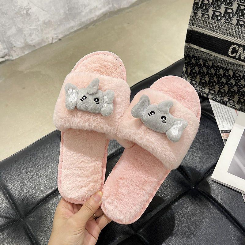 Home Indoor Cartoon Plush One-word Student Cotton Slippers 2025 Autumn and Winter New Internet Celebrity Fluffy Slippers Women