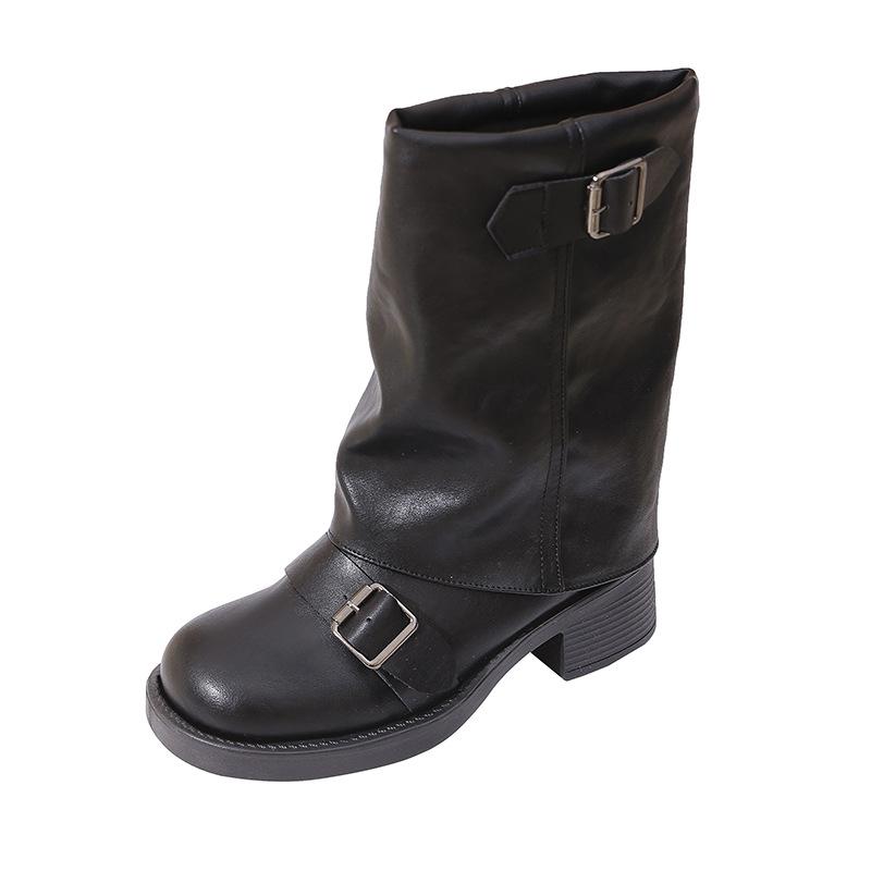 Vintage Western Cowboy Boots Damskie 2025 Plisowane Buty Z Palisady Okrągła Głowa Gruby Obcas Klamra Paska Średnie Spodnie Rurki Rycerskie Buty