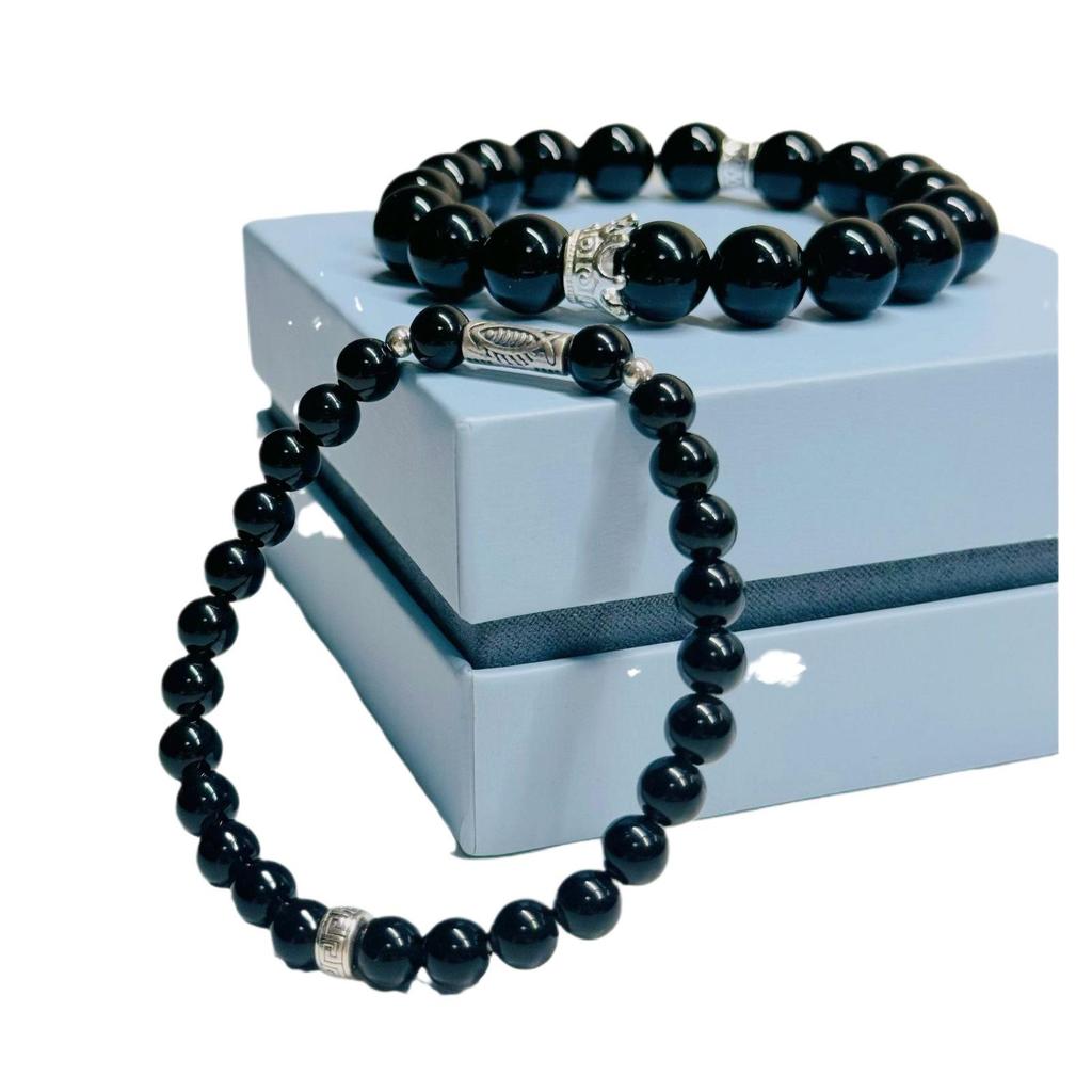 Sterling Silver Retro Obsidian Beaded Bracelet for Men and Women - High-End Couple Gift