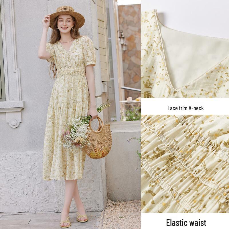 Xiangying Women's Floral V-Neck Tencel Puff Sleeve Dress