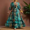 European and American Large-size Summer New V-neck Vacation Style Print Medium and Long Seven-quarter-sleeved Dress