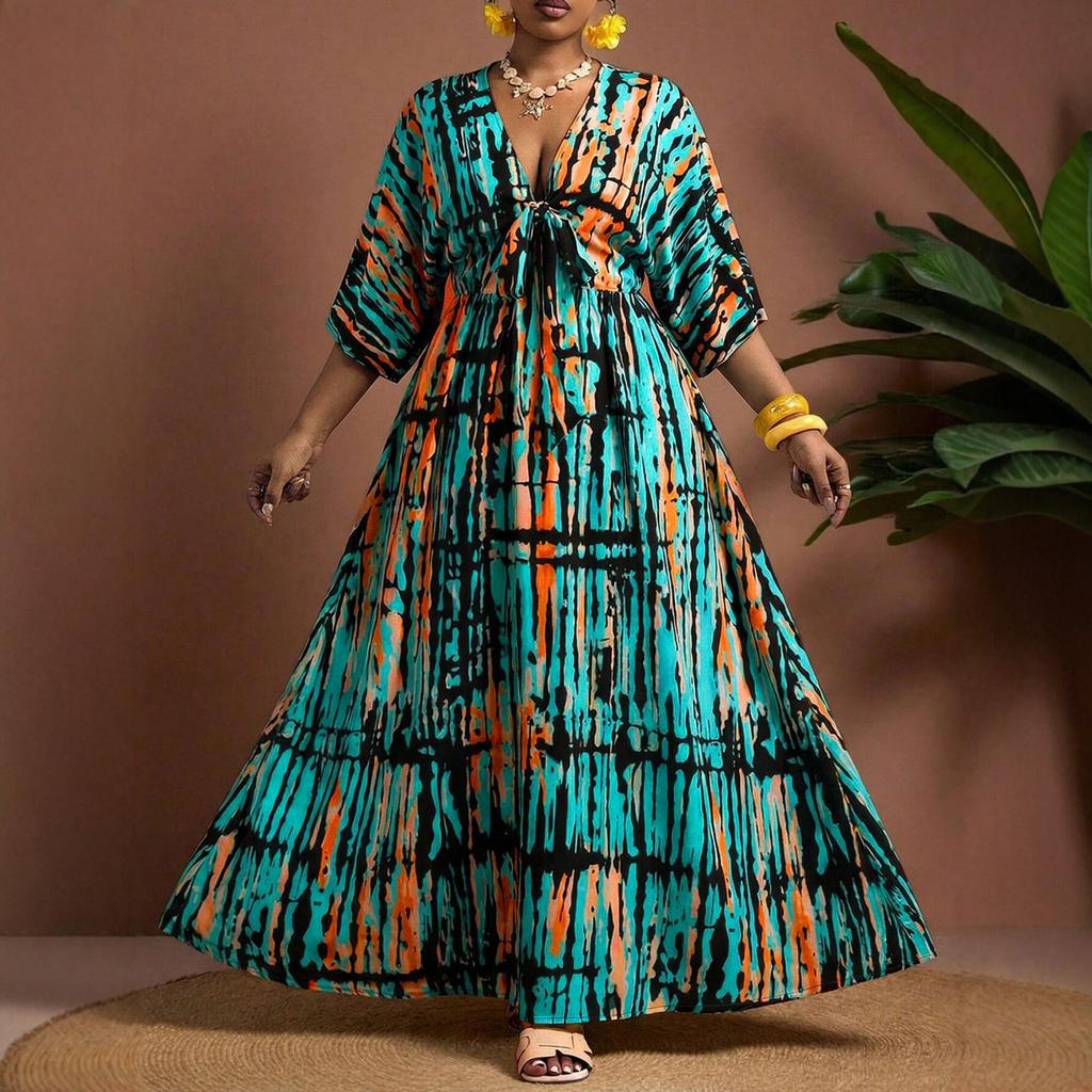 European and American Large-size Summer New V-neck Vacation Style Print Medium and Long Seven-quarter-sleeved Dress