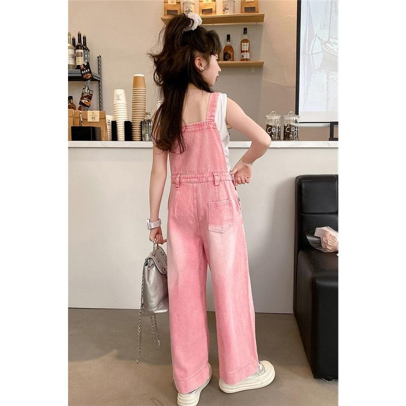  Kids Girls Denim Overalls Casual Wide Leg Star Embroidered Jumpsuit For Children