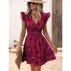 Women's Summer V-neck Waist-hugging Sexy Big Flower Ruffle Sleeveless Dress