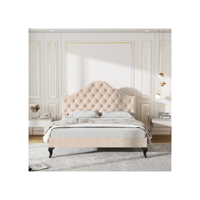 Lit Tapissé - MUVOE - 140x190 Cm - Velours Beige - Tête De Lit Réglable - Sommier À Lattes