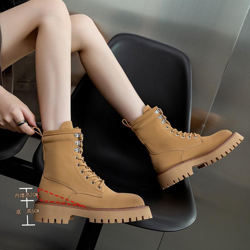 Leather Martin boots women's autumn new rhubarb boots thick-soled inner height-increasing medium boots women