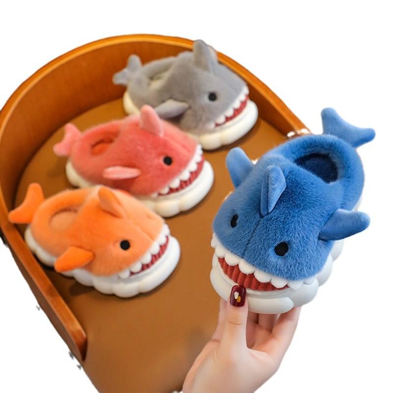 Children's Cotton Slippers Autumn and Winter Waterproof Home Indoor Non-slip Boy Cute Shark Pattern Baby Child Cotton Mop