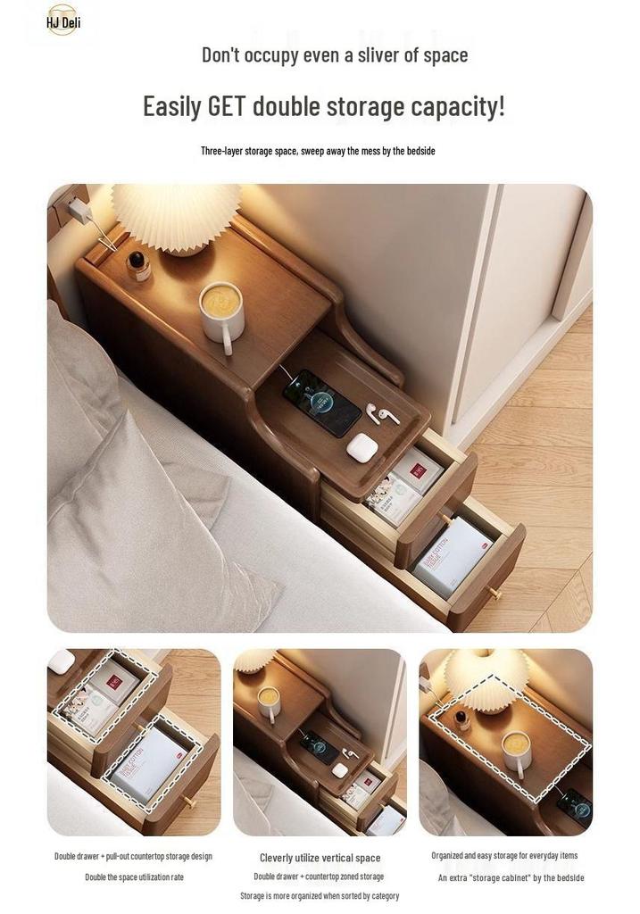 Solid Wood Ultra-Narrow Bedside Table with Storage