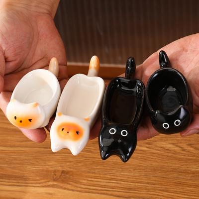 Cute Hand-Painted Ceramic Plate, Household Soy Sauce Vinegar Plate, Creative Kitten Shape Chopstick Holder, Hot Pot Sauce Seasoning Plate