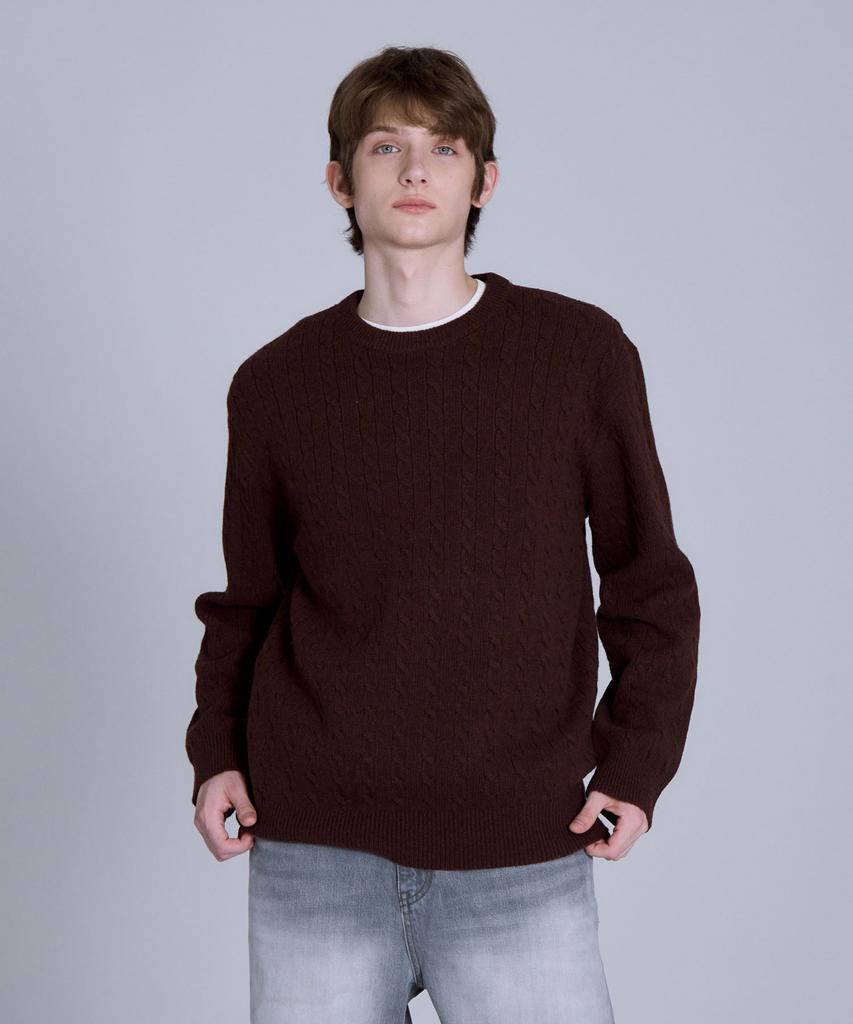 BASIC HOUSE Cable Round Neck Knit Brown Lykt7101 (A Type)