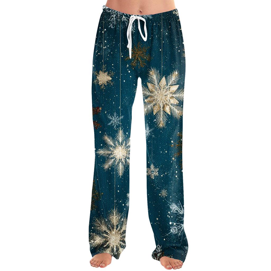 Ladies' Loose And Casual Christmas Printed Wide Leg Pants With Elastic Waistband Drawstring And Pocket Pants