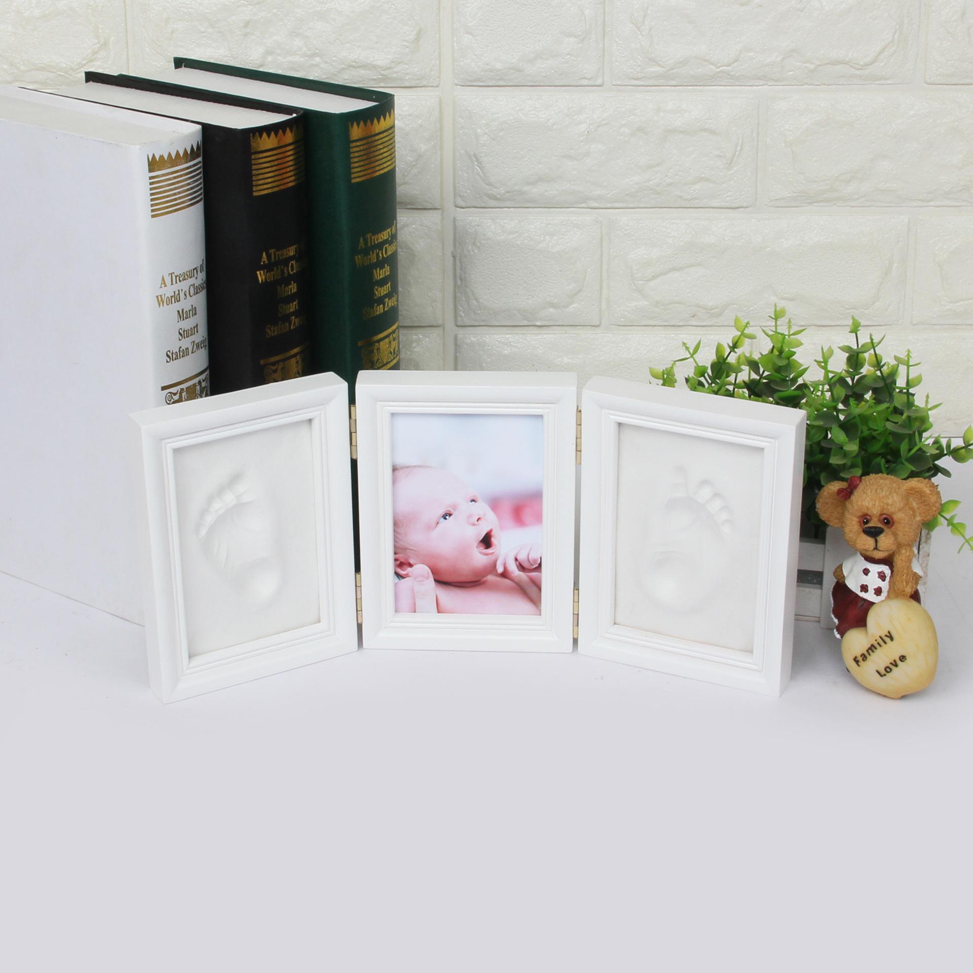 

Baby Ink Pad Photo Frame for Hand and Footprint Keepsake - Newborn Full Moon 100 Days Gift Natural Frame + Pink Clay