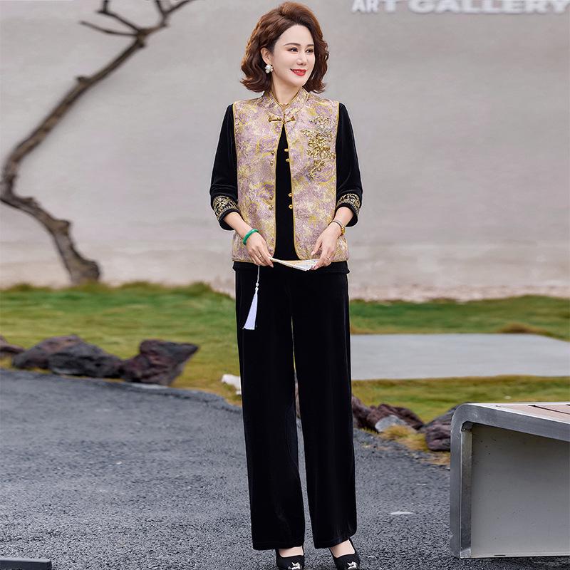 

Mom s 2026 New Style Dignified & Elegant Chinese National Trend Jacket Top Three-Piece Set for Middle-Aged & Elderly Women. 3XL