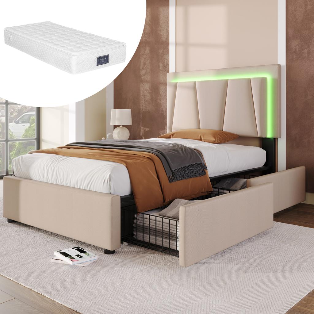 Upholstered Bed with LED Lighting and 2 Drawers, Height-Adjustable Headboard, Single Bed 90x200cm, Wooden Slatted Frame, Beige (With Mattress)
