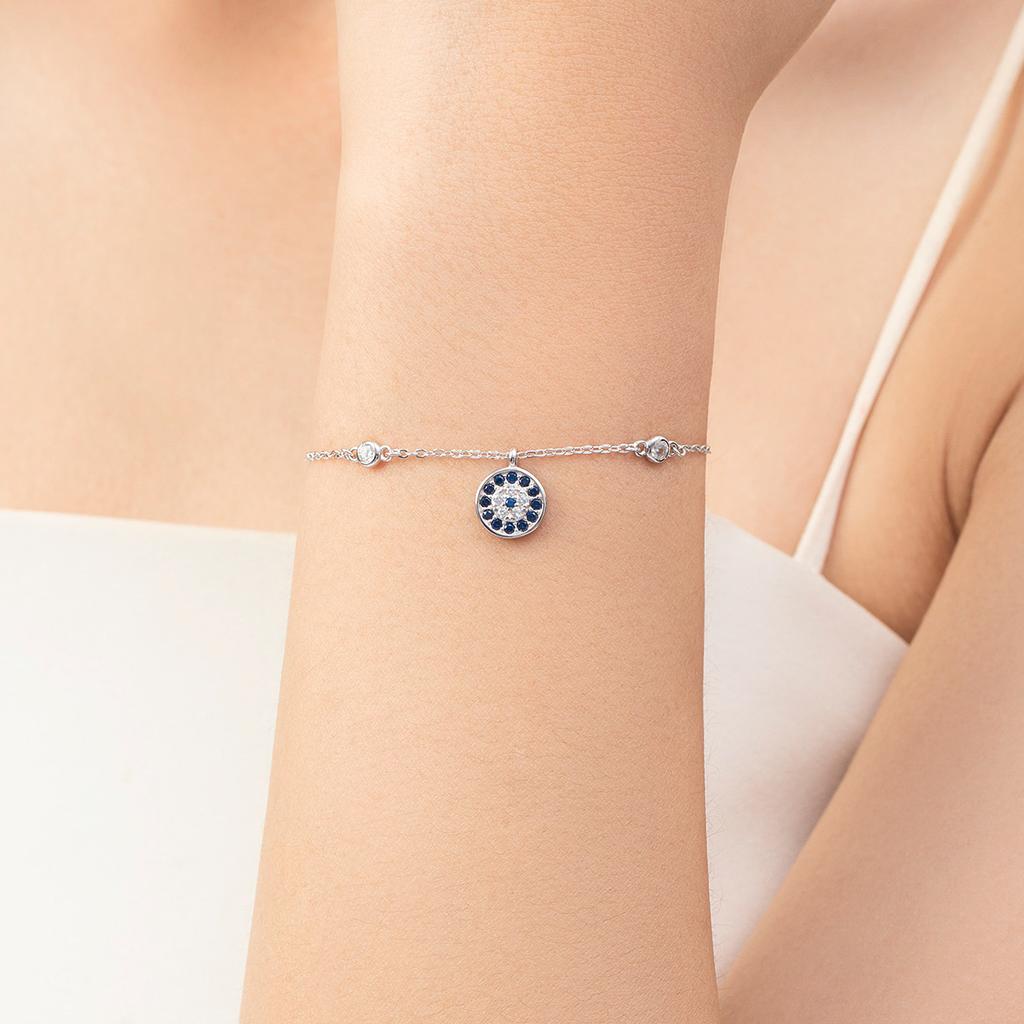 MODIAN Pure 925 Silver Luxury Turquoise Blue Eyes Clear Cubic Zircon Crystal Link Chain Bracelet For Women Fine Jewelry
