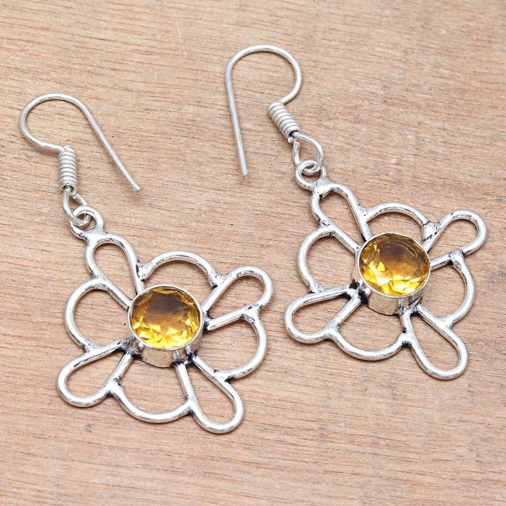 Citrine Quartz Gemstone Handmade Gift For Her Silver Jewelry Earrings 1.5''