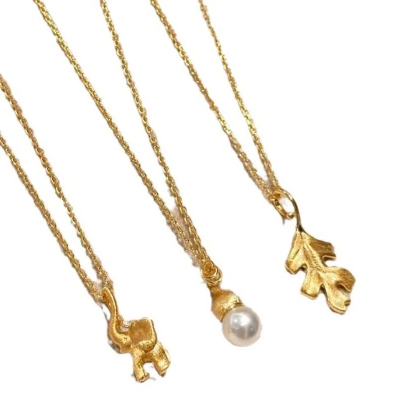 Retro Pearl Gourd Leaves Stereoscopic Little Elephant Pendant Light Luxury Exquisite Brushed Craft Necklaces Exquisite Zircon