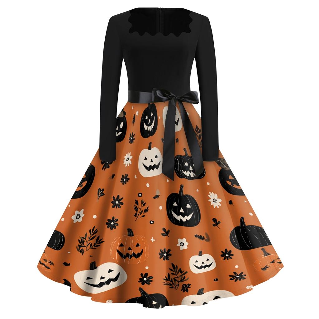 Women's Vintage Square Neck Casual Dress with Halloween Print for Fall Occasions