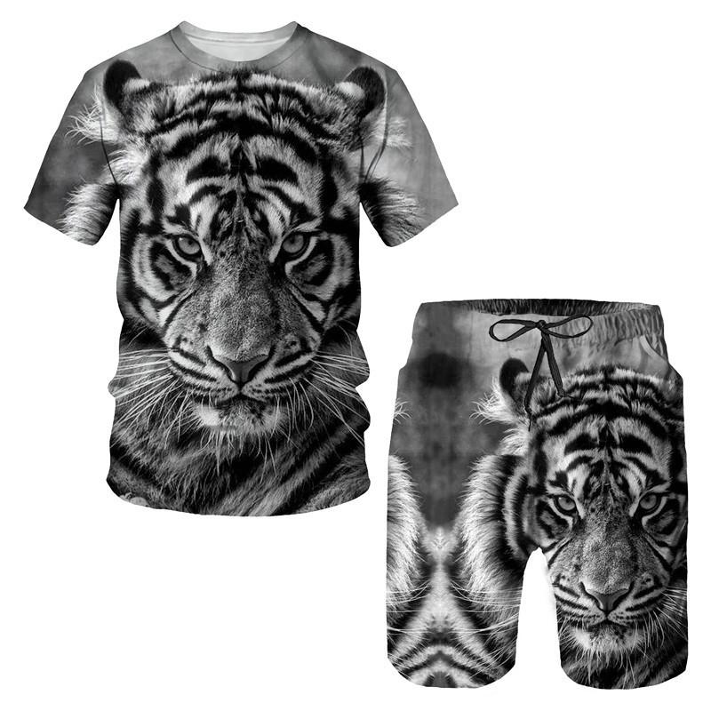 Summer Tiger 3D Printed T-shirt/Suit O Collar Men's Short Sleeve Beach Pants 2 Piece Suit Sportswear Casual Fashion Shorts