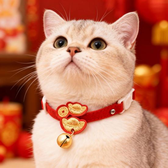 Embroidered Red Pet Collar Chinese New Year Adjustable Cat Collar with Bell Year of The Horse Festive Collar for Cats And Small Dogs
