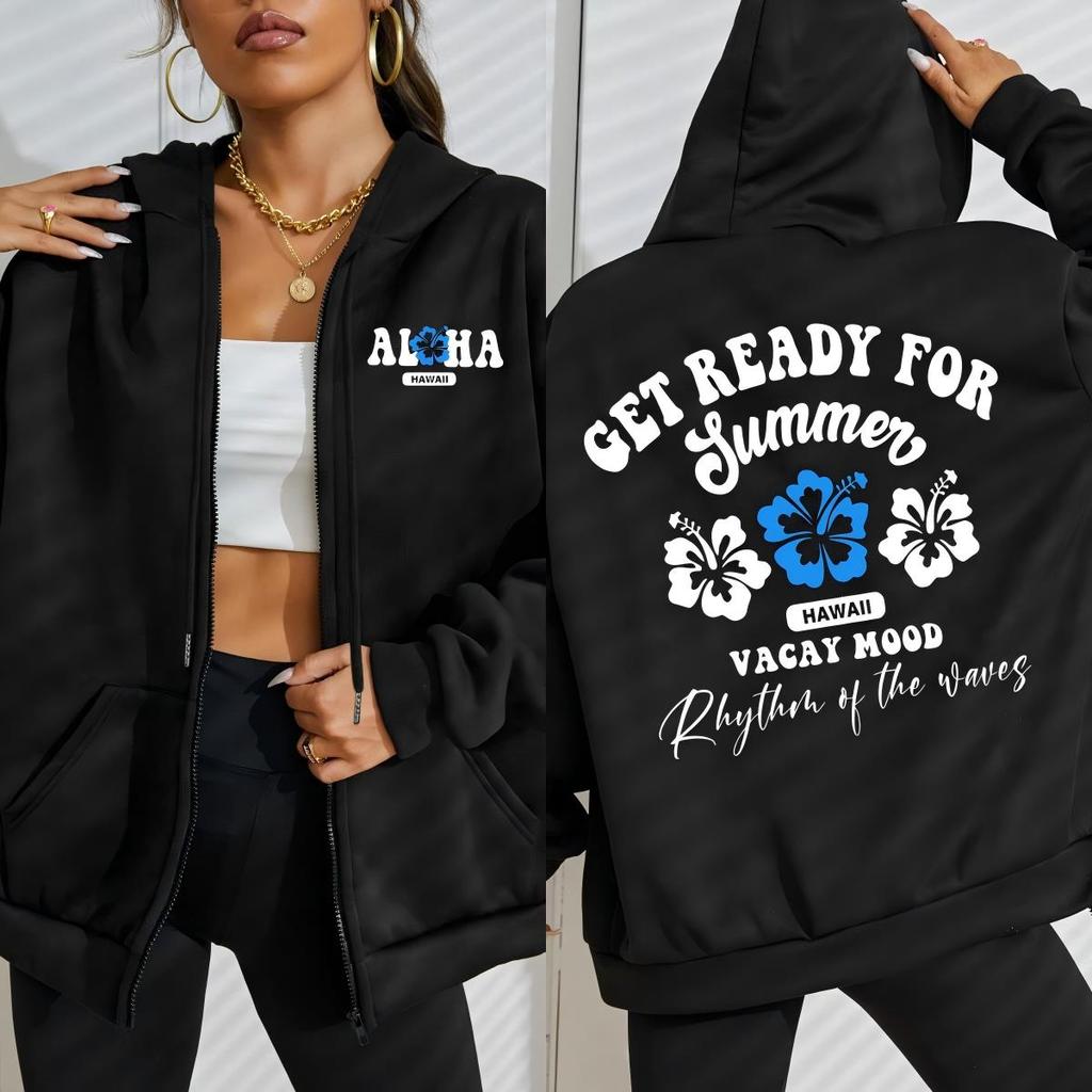 Get Ready For Summer Hawaii Vacay Mood Print Women Zipper Sportswear Street Hoody Loose Casual Hoodies Fleece Soft Clothes