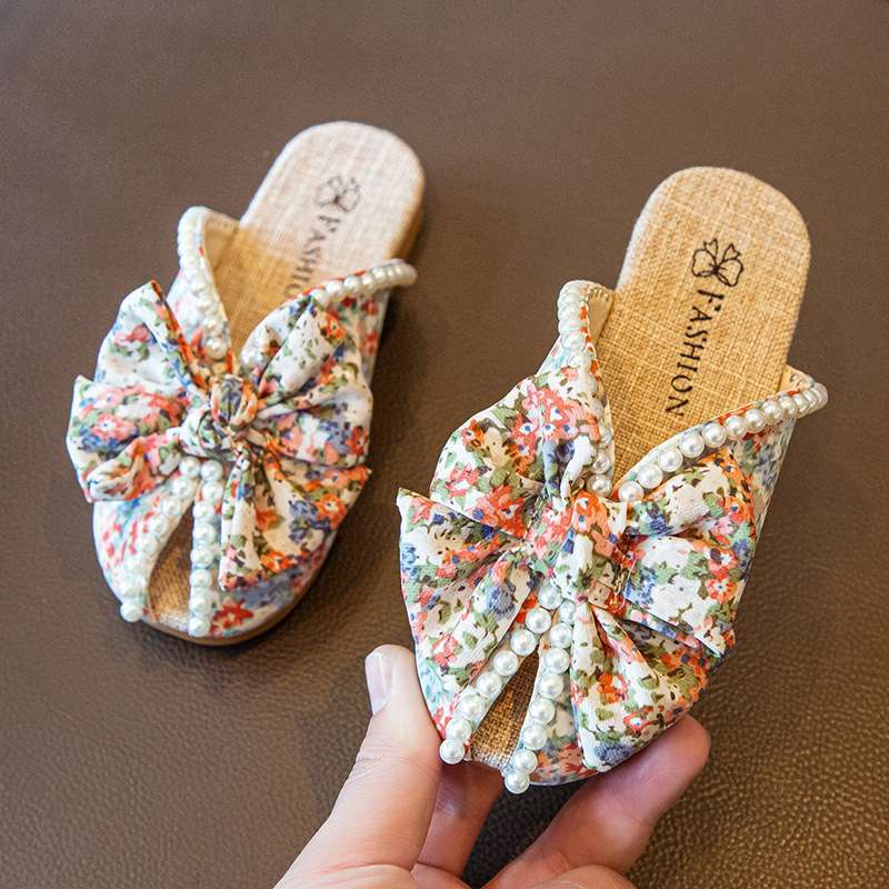 Girls Pearl Bow Fish Mouth Slippers New Summer Soft-soled Girls Princess Shoes Student Korean Version Flat Slippers