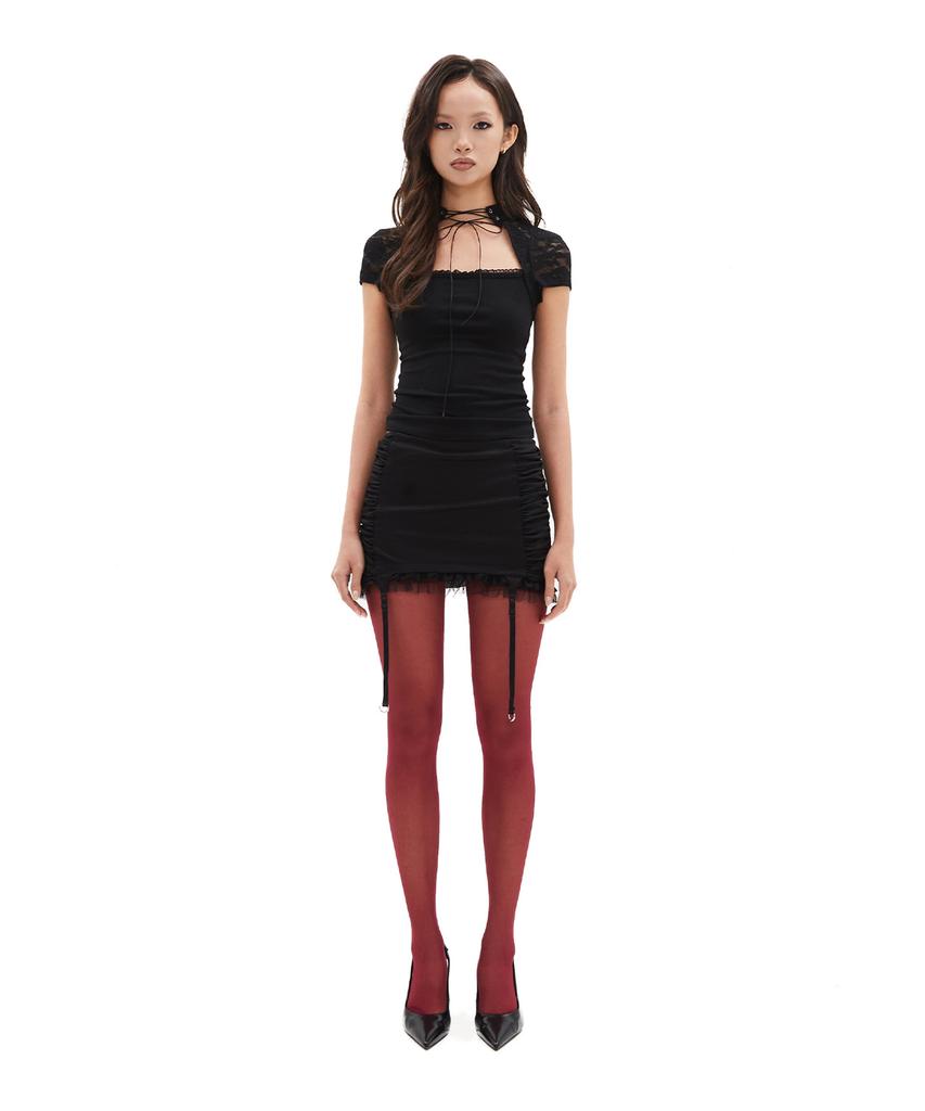 Hilda Tie-Neck Lace Slim Tee [Black]