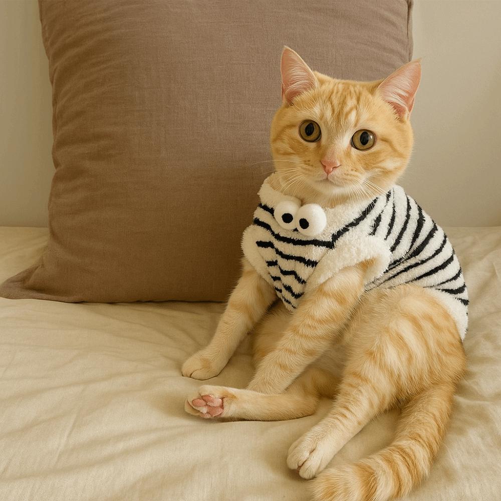 Süßer Warmer Winter Haustierpullover Verdickte Winddichte Katze Gestreifte Weste Fleece Weicher Ärmelloser Katzenmantel Innen