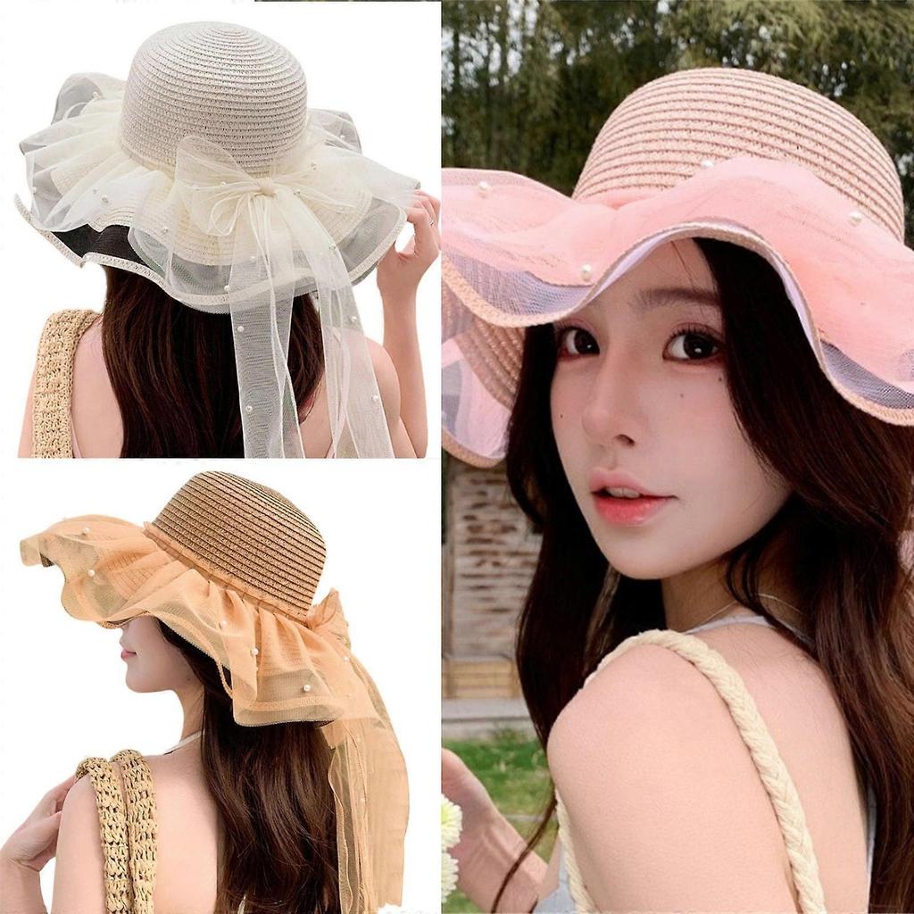 Trendy Large Brimmed Sun Hat for Women Girl With Decorative Lace Bowknot Soft Breathable Straw Hat For Various Occasion  Pink