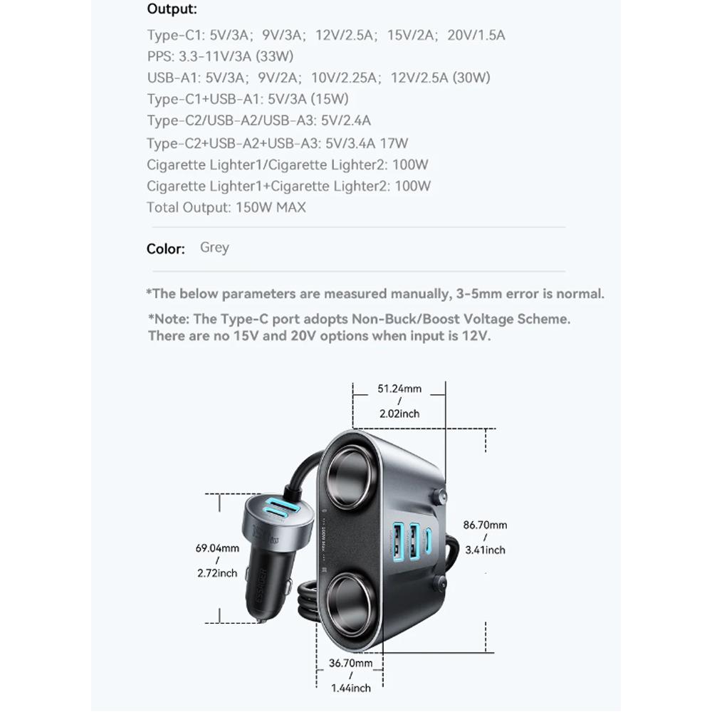 Essager 150W USB C Car Charger 2 in 1 100W Dual Cigarette Lighter Splitter 5 Ports QC 3.0 PD 3.0 Fast Charging For Mobile Phone