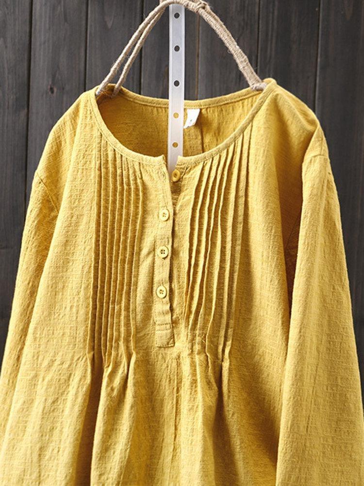 Women Loose Fit Long Sleeve Cotton Linen Shirt Round Neck Pleated Large Size