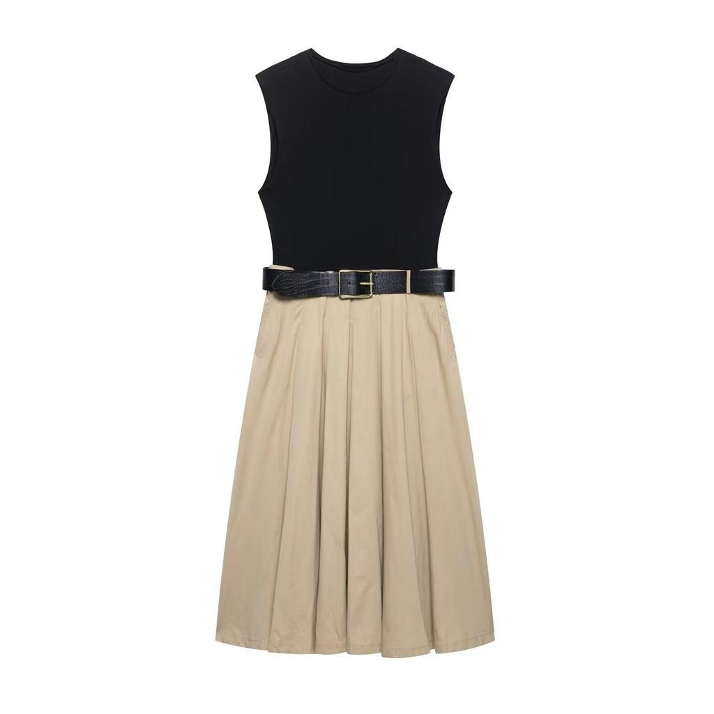 2025 Summer Pleated Skirt Dress with Shoulder Pads - Sleeveless, Slim-Fitting, Round Neck Design
