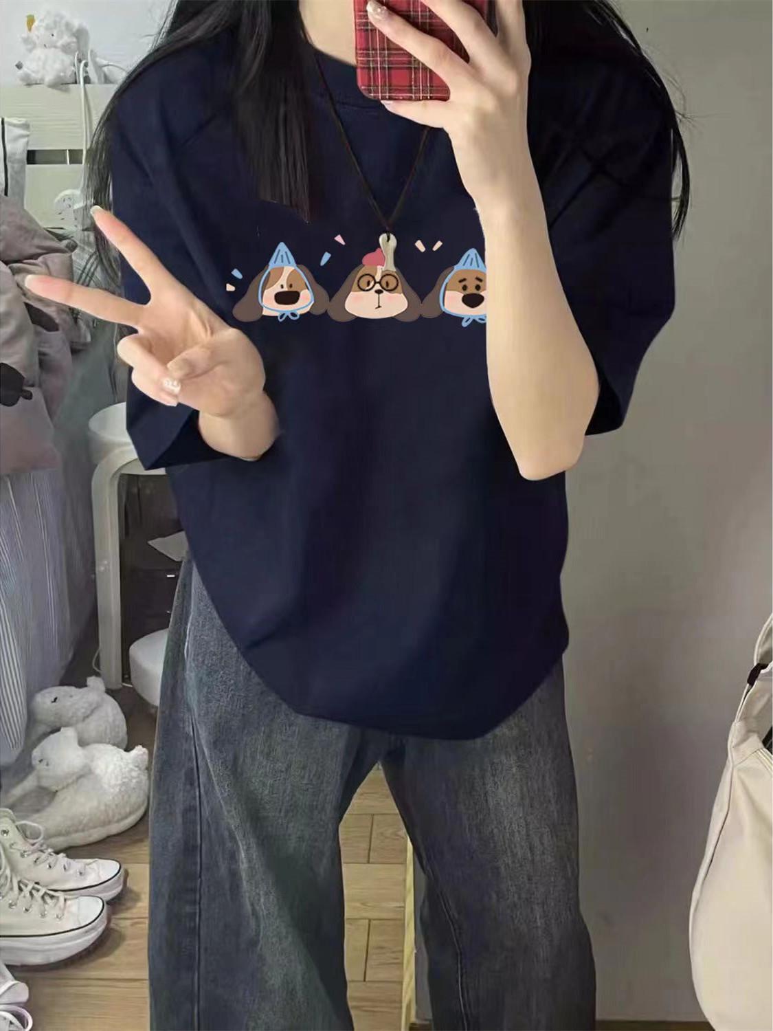 

100% Pure Cotton Korean-Style Navy Cartoon Dog T-Shirt, Unisex Loose Fit, Short-Sleeve for Summer S for up to 90 lbs