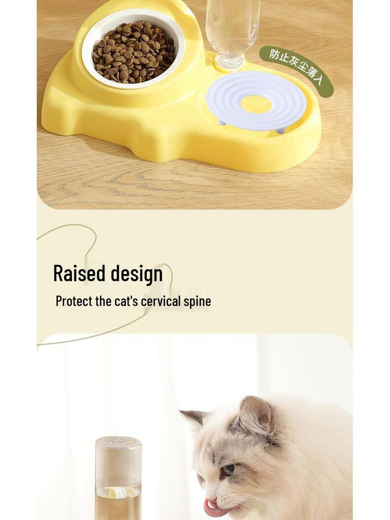 Pet Double Ceramic Bowl: Integrated Water & Food Anti-Tip Feeder for Cats and Dogs