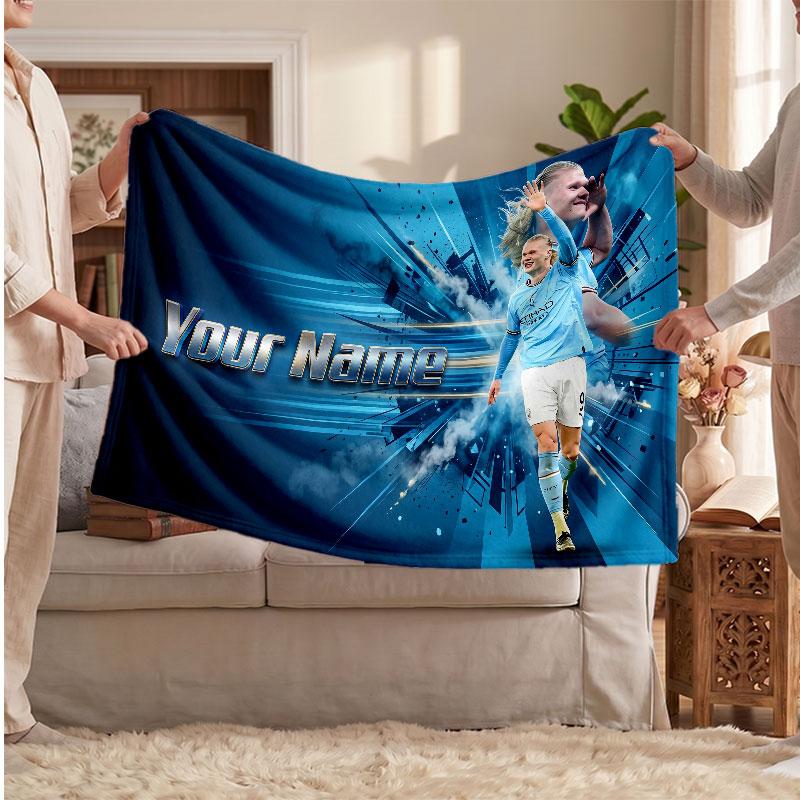 Erling Haaland Personalized Fleece Blanket With Football Logo, Custom Name Text Soft Warm Home Throw Blanket