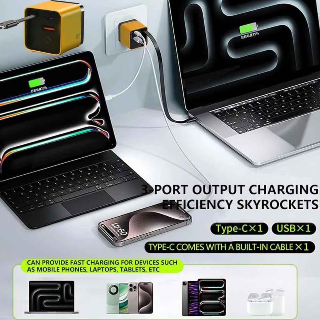 Charger, Expandable 80w Max Fast Charger Module With Type-C Cable And 2 USB Ports, Retractable Phone Charger Wall Plug