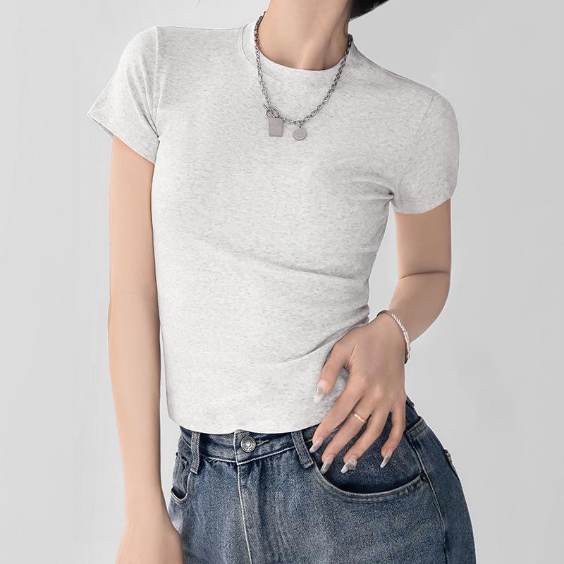 Small Round Neck Shoulder Short Sleeved T-shirt for Women In Spring and Summer, Slim Fit and Slimming, Can Be Worn Outside, High-end and Spicy Girl