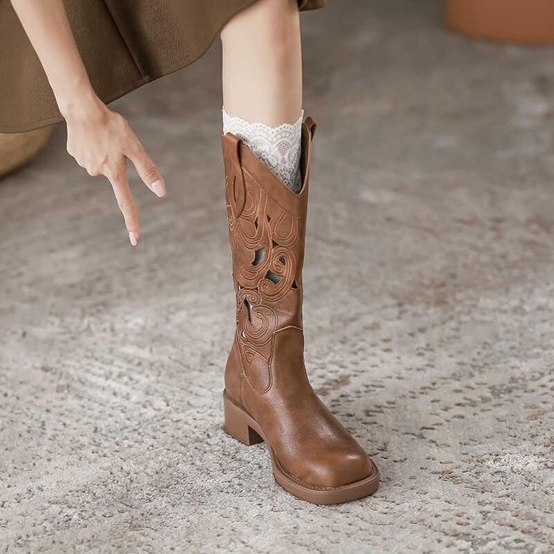 Leather hollow embroidery western cowboy boots women's 2025 new retro wind desert summer boots brown medium boots