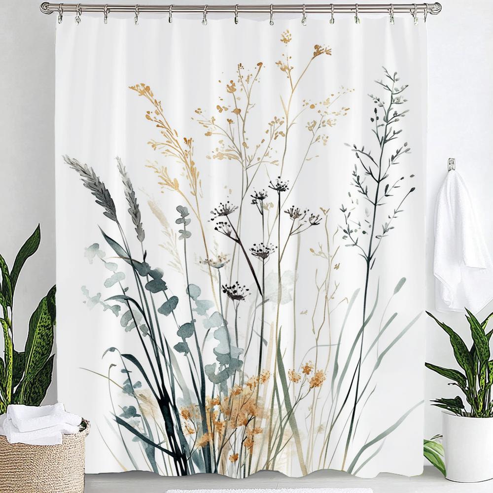 Watercolor Botanical Floral Leaf Shower Curtain, Floral Bathroom Decorative Shower Curtain, Print Fabric Home Curtain with Hooks