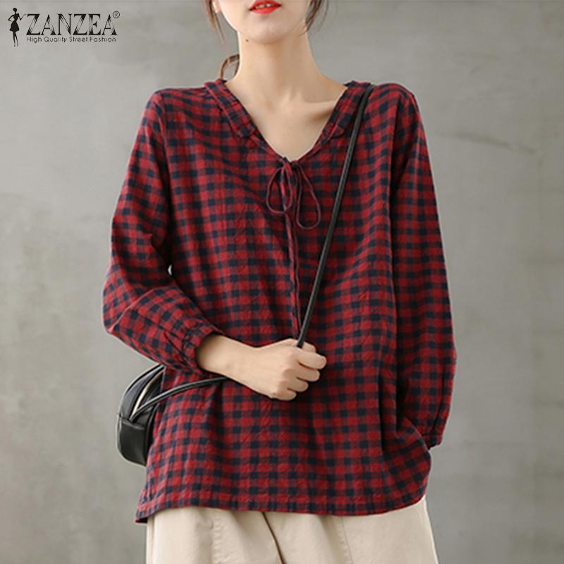 

ZANZEA Женская повседневная блузка в клетку с v-образным вырезом и длинными рукавами