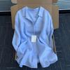Camicia da Donna in Lino Casual Larga Manica Lunga Sottile Top Estivi Colore Puro Collo a Revers Stile Francese Abbigliamento Protezione Solare