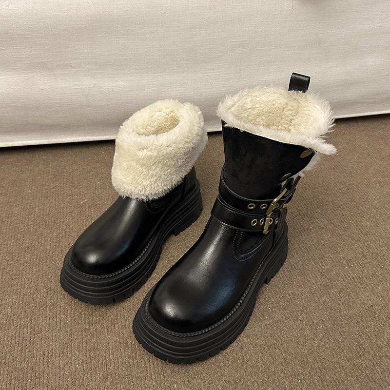 Women's British style tall leather fashion lightweight soft sole winter warm fur one snow boots padded lining non-slip casual sports cotton boots