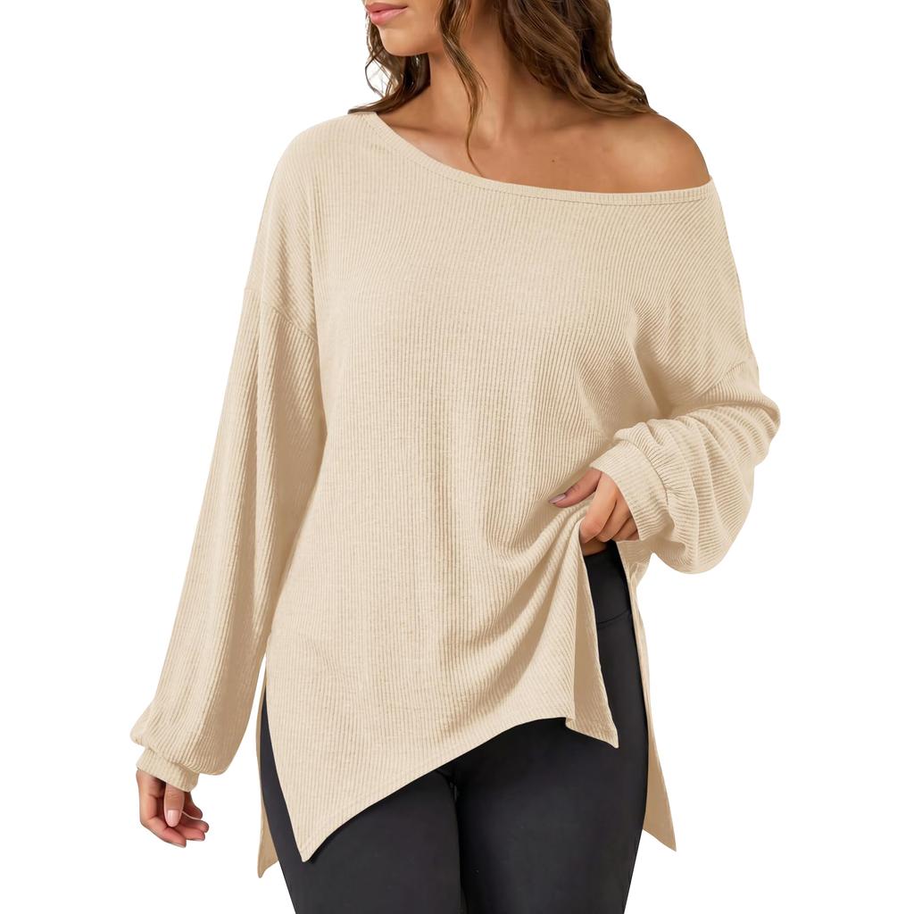 Women's Casual Long Sleeve Tunic Top Loose Fit Round Neck Side Slit T-Shirt Blouse
